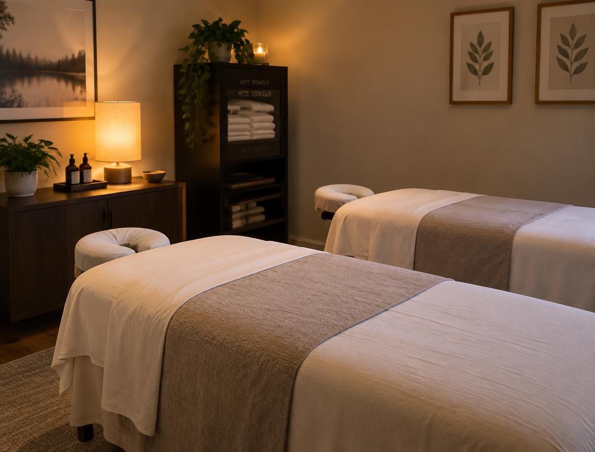 Massage room with two made-up massage tables and a towel cabinet